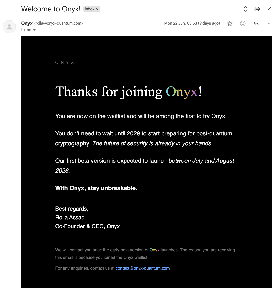 Email sent to Onyx waitlist users